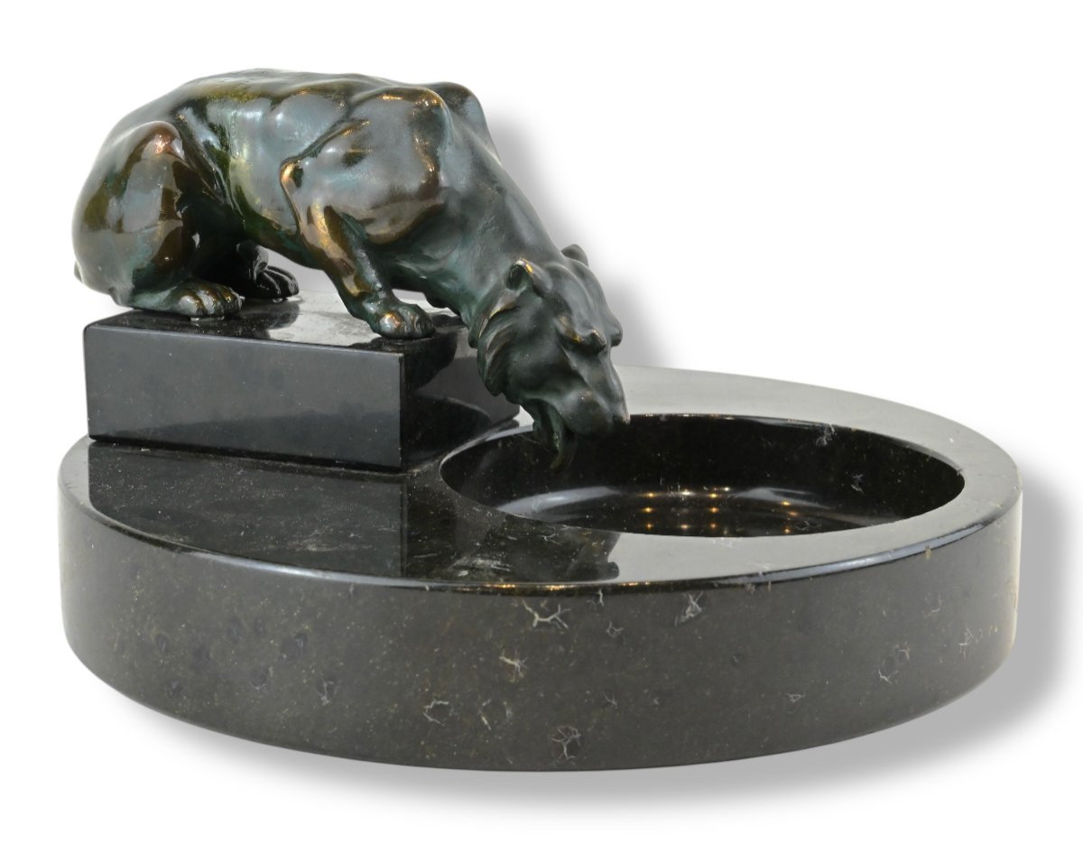 Art Deco Black Marble Tin Tray With Patinated Metal Lioness - France 1920s-photo-4